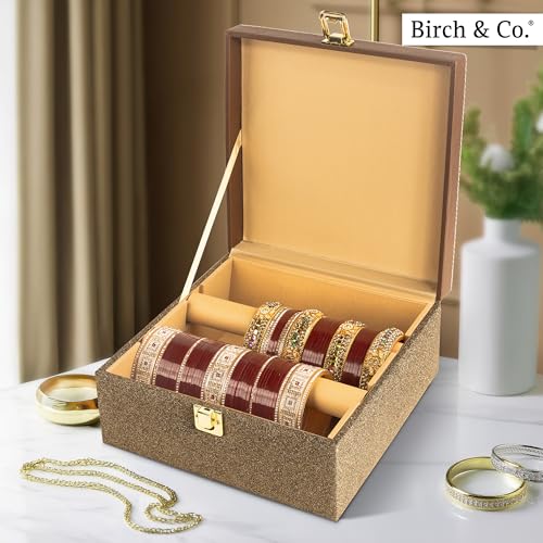 Image of Birch & Co. Bangle Organizer - Bangles Box for Women - Chudi Box for Bridal - Bangle Storage Box for Bride, Durable & Elegant Bangle Holder, Small, Gold,Engineered Wood