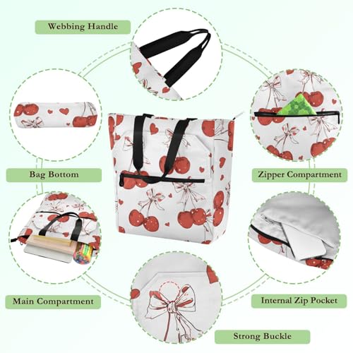 Red Cherry Bows Tote Bag for Book Lovers Reusable Bags with Zipper Pocket for School Work Shopping3