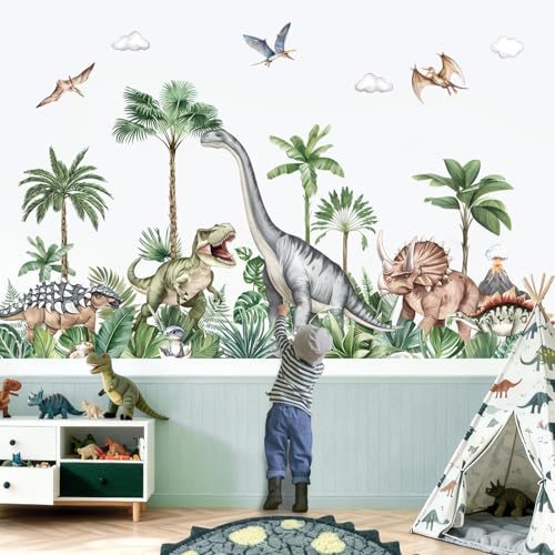 Image of decalmile Large Dinosaurs Wall Decals Dino Animal Tropical Palm Tree Wall Stickers Living Room Baby Nursery Kids Room Home Decor(XXL)
