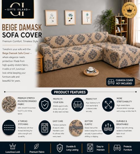 Image of Gifts Island Premium 160GSM Super Soft Beige Damask Stretchable Sofa Cover L Shape 7 Seater Fully Covered | Suitable for Both Left and Right Side Chaise Sofa (Beige Damask, 4+3 Seater)
