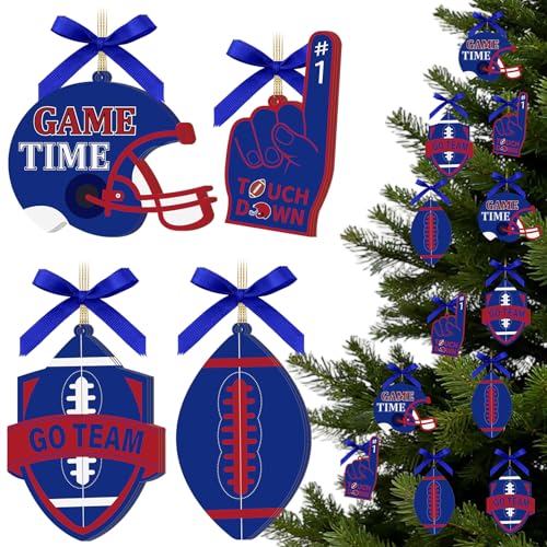 12 Pcs Football Wooden Ornament Game Day Helmet Touch Down Hanging Ornament Red and Blue Ornament for Football Players Coaches Fans Sports Themed Party Home Decoration