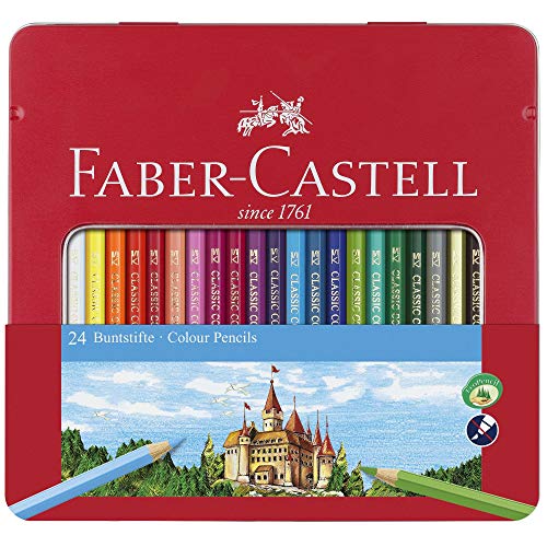 FABER-CASTELL 115824 - Set de crayons de couleur Hexagonal, 24 crayons de couleur dans un étui métallique, crayons de couleur pour enfants et adultes