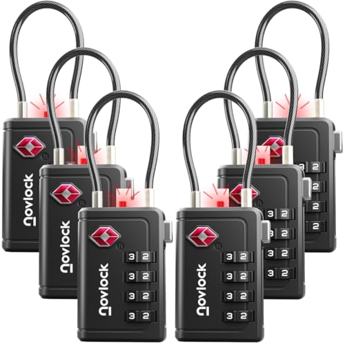 Candados de equipaje aprobados por la TSA, indicador de inspección, combinación de 4 dígitos, aleación de zinc duradera, para maletas, mochilas, bolsas de viaje, color negro, paquete de 6