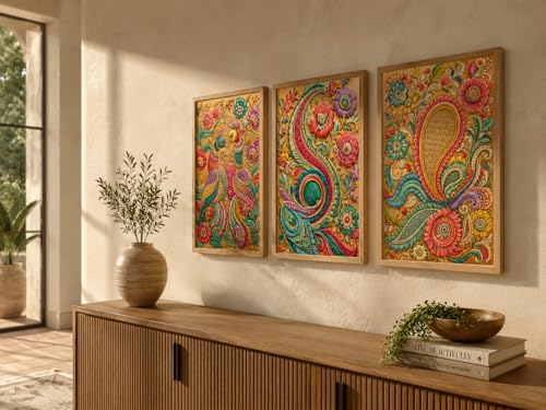 Image of Livin'luxe Set of 3 Colorful Peacock Paisley Floral Wall Paintings for Living Room Bedroom Home Decor with Premium Wooden Color Synthetic Frame (13.5 x 19.5 Inch) NM03-78