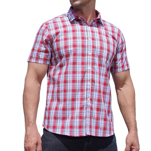 Men's Short Sleeve Shirt Casual Plaid Button Down Shirts Summer Lightweight Casual Beach Tees Classic Dressy Tops