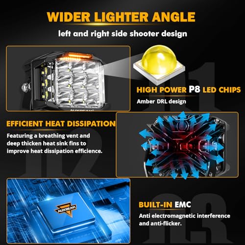 Image of Auxbeam 5 inch 168W LED Cube Pods Offroad Driving Light with Amber Covers, 16440LM Bright Square Offroad Lights with Side Shooter 270 Combo Beam Ditch Light, DRL for Jeep ATV Wrangler Ford Truck Pickup