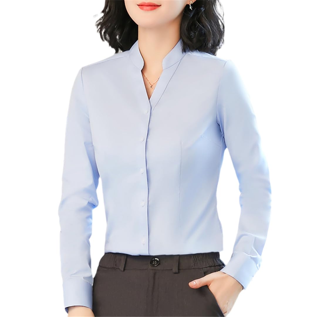 Disimlarl Camisa de manga larga para mujer, cuello en V, formal, delgada, para oficina, trabajo, color blanco