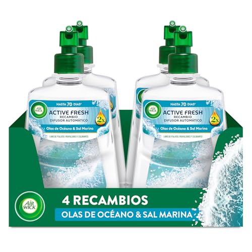 Air Wick Active Fresh Spray Automatico Sin Aerosol   Ambientador para casa con aroma a Olas de Océano y Sal Marina   Pack de 4 Recambios (228mlx4)