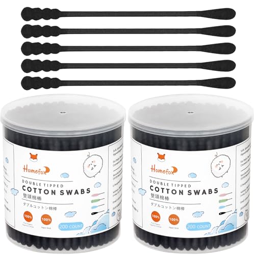 HOMEFOX Bastoncillos de algodón negro en espiral, 400 bastoncillos de algodón orgánico de doble cara envueltos apretadamente envueltos en carbón, palo de papel, suave, suave, sin pelusas, sin pelusas,