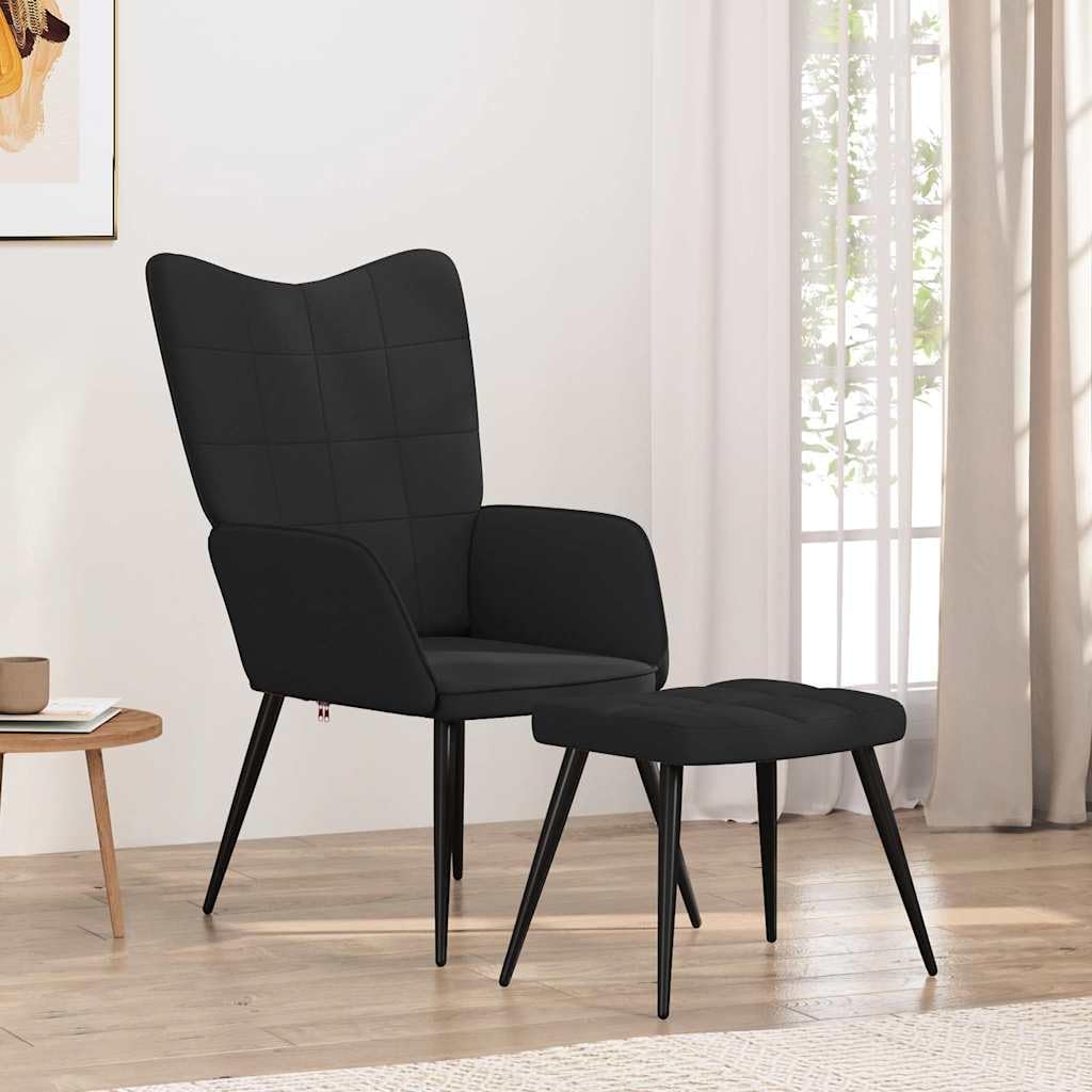 Sillón de relax de tela negra con taburete, diseño moderno para salón, dormitorio y oficina, cómodo sillón de lectura con marco de acero y patas de madera, asiento cómodo para adultos
