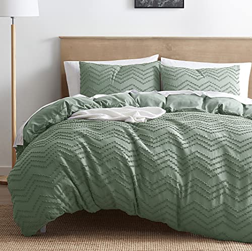 Image of Green Duvet Cover King Size - Boho Bedding King Duvet Cover Set, 3 Piece Tufted Double Brushed Boho Duvet Cover King with Zipper Closure, 1 King Size Duvet Cover Set 104x90 Inches and 2 Pillow Shams