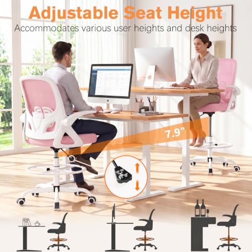 Image of ORRSAKER Drafting Chair, Tall Office Chair with Flip-up Arms, Mesh Ergonomic Computer Standing Desk Chair with Adjustable Height Foot Ring and Lumbar Support, 300 LBS Capacity, Pink