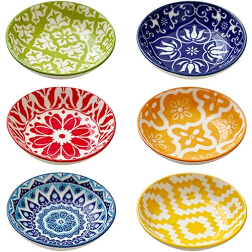 Premium 6 Pcs Ceramic Dipping Bowls Set Vibrant Patterned Sauce Dishes for Condiments Sushi Ketchup Mezze & Appetizers Stackable Small Serving Plates