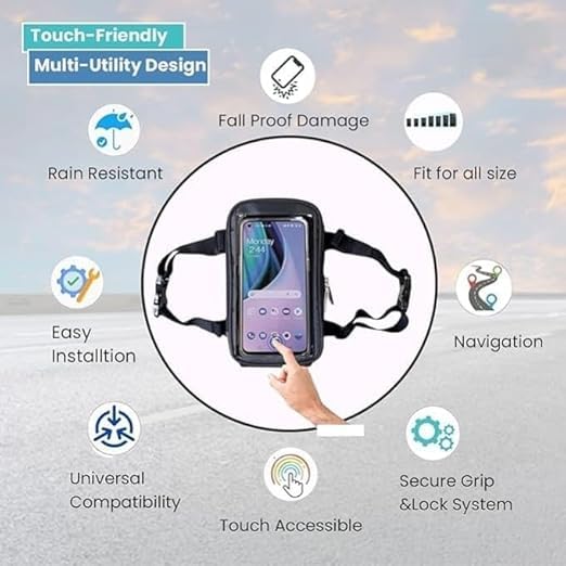 Image of Polyester Handlebar Universal Mobile Holder Mount Pouch Bag Waterproof for Activa Jupiter EV Ola-S1 Pleasure Ntroq All Scooter Scooty Bike Fit 7 inches Phone (Black)