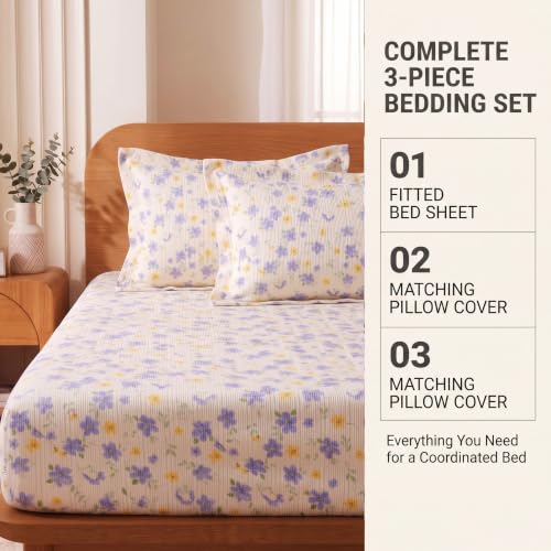 Image of VAS COLLECTIONS 240 TC Premium Fitted Bedsheet, Floral Printed King Size Elastic Deep Pocket Mattress Cover, Soft Breathable Bed Sheet for Bedroom, 72 x 78 + 10 Inches (183 x 198 + 25 cm) - Periwinkle