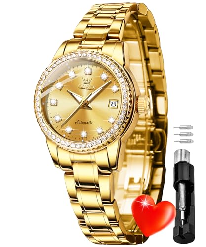 OLEVS Womens Gold Watches Automatic Mechanical Diamond Luxury Dress Original Ladies Self Winding Stainless Steel Wrist Watch