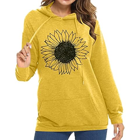 Sunflower Hoodies Women Cute Graphic Drawstring Hooded with Pocket Casual Lightweight Long Sleeve Sweatshirt, Yellow, Large Cover