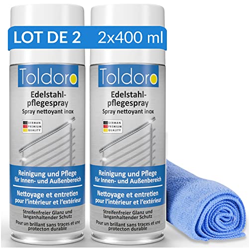 Toldoro® 2x Nettoyant inox professionnel 400ml + 1x Chiffon en microfibres 40x40cm / Vaporisateur comme degraissant barbecue ou nettoyant inox Cuisine/Produit inox nettoyage
