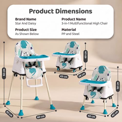 Image of StarAndDaisy High Chair for Baby /Baby Feeding Chair for 0 to 5 Years with 4 in-1 Multifunctions /High Chair with Wheels, Height Adjustable, Detachable Tray & 3-Point Safety Belt (Blue Printed)