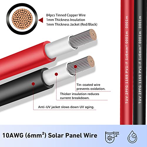 AAKL Solar Extension Cable 30 Ft 10AWG (6mm²) Solar Power Cable Wire Male Female Connectors Gauge 30' 30A Wire for Roof PV Wire Solar Panel Cables 10 Gauge Wire