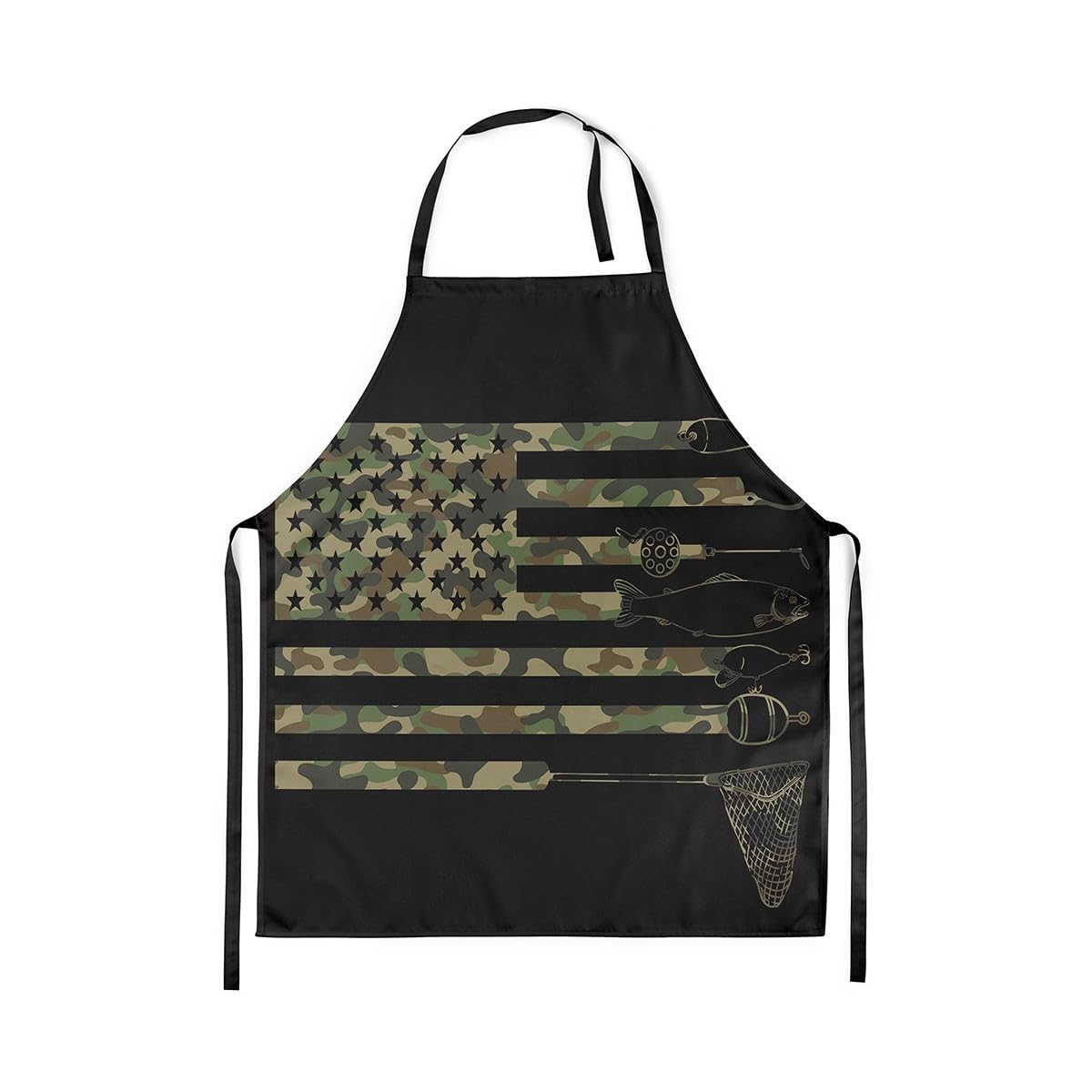 Homewish American Flag Kitchen Apron Army Green Camo Apron Hunting Fishing Cooking Apron Fishhook Chef Apron Black Stars Adjustable Decor for Cooking Kitchen Baking Gardening,78x66cm