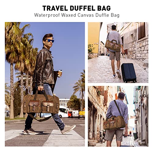 Image of Wildroad Waxed Canvas Genuine Leather 50L Waterproof Duffle Bag - Vintage Travel Weekender Overnight Carry On
