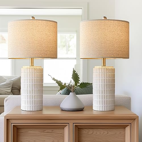PoKat 23″ Modern Ceramic Table Lamp Set of 2 for Living Room White Desk Lamps for Bedroom Farmhouse Bedside Nightstand Bedside Lamp End Table Lamps Beige