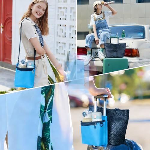 Image of Luggage Travel Cup Holder with Luggage Straps (20oz /24oz / Diameter Less Than 3.15 inch) Free Hand Drink Caddy Beverage Holder Travel Accessories Gift Fits Roll on Suitcase Handles (Blue)