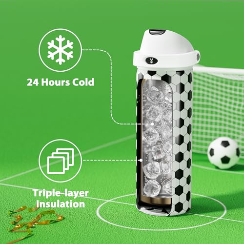 Image of 24 oz Insulated Water Bottle with Straw: Meoky Stainless Steel Soccer Water Bottle with 2-in-1 Lid - Leak Proof, Cold for 24 Hours, Fits in Car Cup Holder, Soccer Gifts for Boys Girls, Arena Light