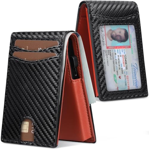 GSG Minimalist wallet for men with cash slot,Pop up wallet with Id window,Slim bifold wallet,RFID Blocking, Leather Slots Credit Card Holder with Gift Box,9-12 Cards,Carbon Fiber Black and Blue