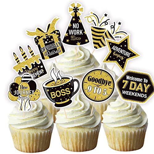 36 Pcs Happy Retirement Cupcake Toppers - No Diy - Retired Cupcake Picks Retirement Theme Party Cake Decorations Gold Glitter #TOP4