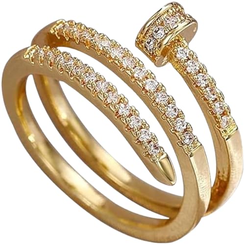 HUIBAOS Double Inlaid Zirconia Gold Stainless Steel Nail Ring,Creative Spiral Multi-layer Nail Rings,Versatile Index Finger Ring (1PCS-Gold)