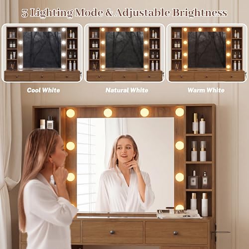 Image of Wodeer Makeup Vanity Desk with Mirror and Lights, Vanity with Glass Top, LED Lights & Power Outlet, 3 Drawers & 2 RGB Glass Cabinets, Adjustable Lighted Dressing Table for Women & Girls Bedroom,Walnut