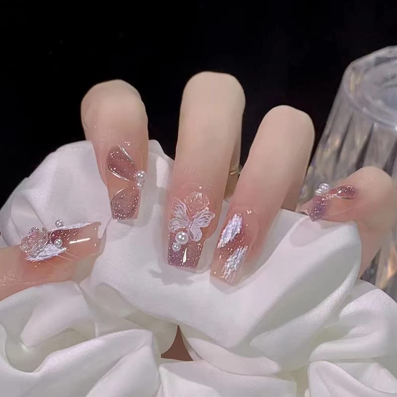 Purple Gradient Press on Nails Medium Flower Fake Nails Crystal Butterfly Pearl Design Sweet False Nails Full Cover Reusable Coffin Artificial Acrylic