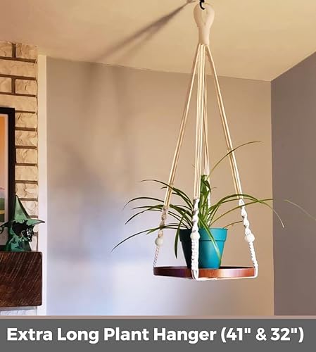 Miniatura 6 de Paquete de 2 colgadores de macramé para plantas, colgador de plantas para interiores, estante colgante para macetas (beige) (1 grande + 1 mediano)