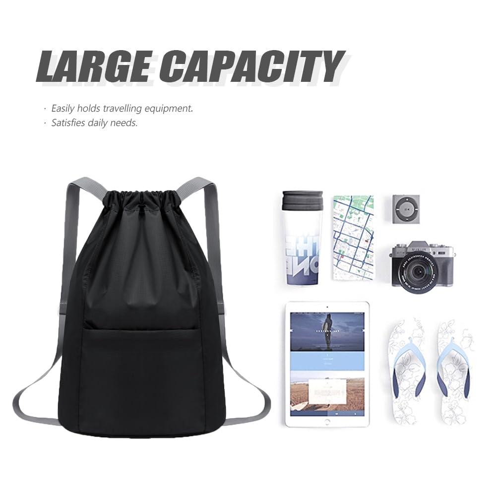 Drawstring Gym Bag Waterproof Swimming Bags Large Sports Backpack Foldable Draw String Bag for School Sports Storage Beach Travel Personalised Sackpack for Men Women Kids Girls Students (Black) - Image 4