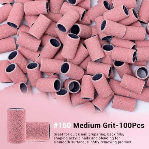 Image of MelodySusie 100 Pcs Nail Drill Bits Sanding Bands for Nail Drill 150 Medium Grit Nail File Sanding Bands for Acrylic Nails Gel Manicures and Pedicure