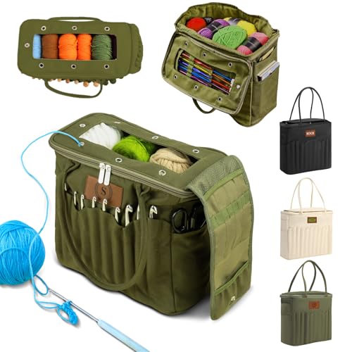 UIDMEN Personalized Name Crochet Bag Stylish Yarn Bag for Crochet and Knitting Projects Canvas Crochet Organizer with Multiple Pockets and Yarn Holes Knitting Bag for Crochet Lovers Mom Grandma