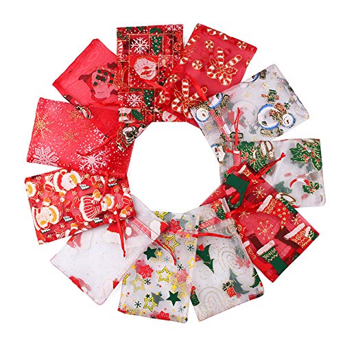 13x18cm, 50PCS Sacs de Noël Organza, Sacs Cadeau Organza, Sacs à Cordon d'organza, Sacs en Organza pour Noël, Sacs de Mariage de Bijoux