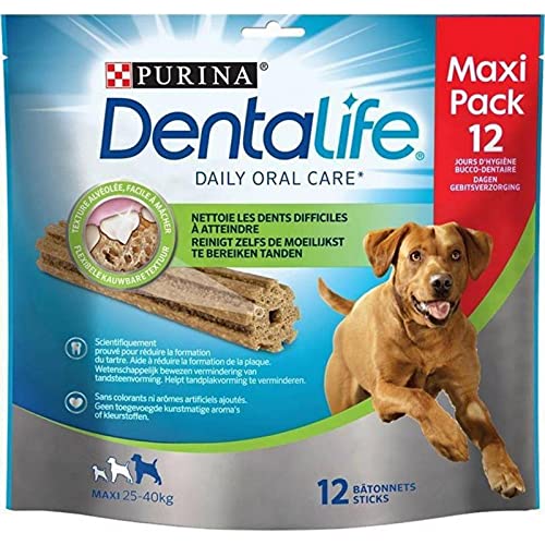Purina DentaLife Bâtonnets pour Chiens Maxi 25 à 40kg Texture Alvéolée Facile à Mâcher Maxi Pack 426g (Lot de 4 sachets)