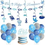 Erste Heilige Kommunion Dekoration Set, Taufe Konfirmation Christening Feier Deko Blau Weiß Religions Party Dekoration mit Banner Ballons Girlande Spiralen für Kirchenfeier Religiöse Anlässe
