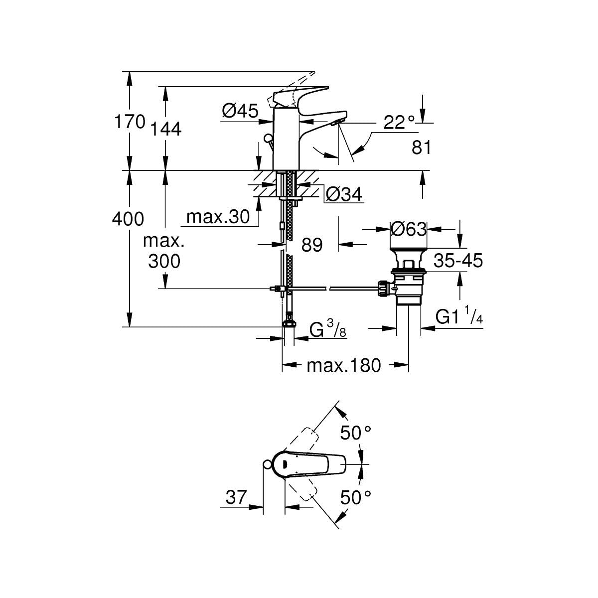 Grohe Bauflow bateria umywalkowa, rozmiar S, z drążkiem, 23751000