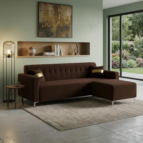 Image of FURNY Regan 4 Seater L Shape Sofa Set with Movable Ottoman | Flexible Left or Right Layout | Plush Velvet Fabric (Dark Brown) | Perfect for Living Room, Guest Room & Office