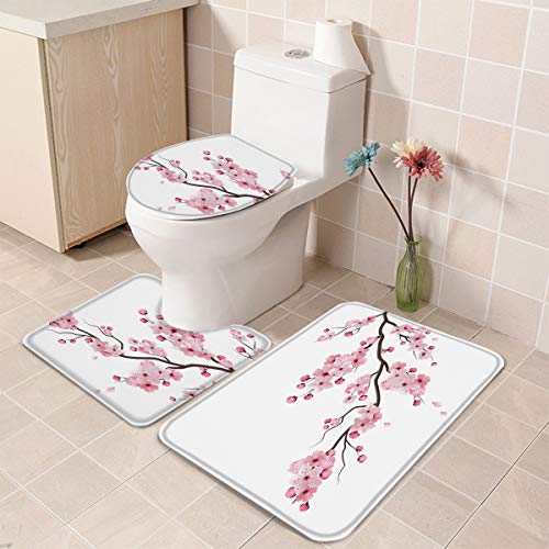 T&H XHome Rutschfestes Badematten-Set, 3-teilig, für Badezimmer, eine Gruppe von Kirschblüten, luxuriöser Memory-Schaum… – Bild 3