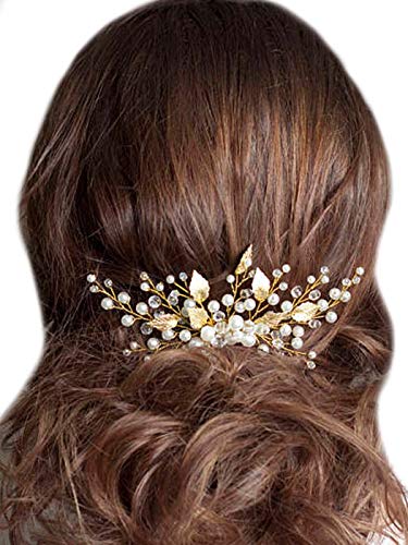 Unicra Wedding Leaf Decorative Hair Comb Bridal Hair Accessories with Pure Bead for Brides and Bridesmaids (Gold)