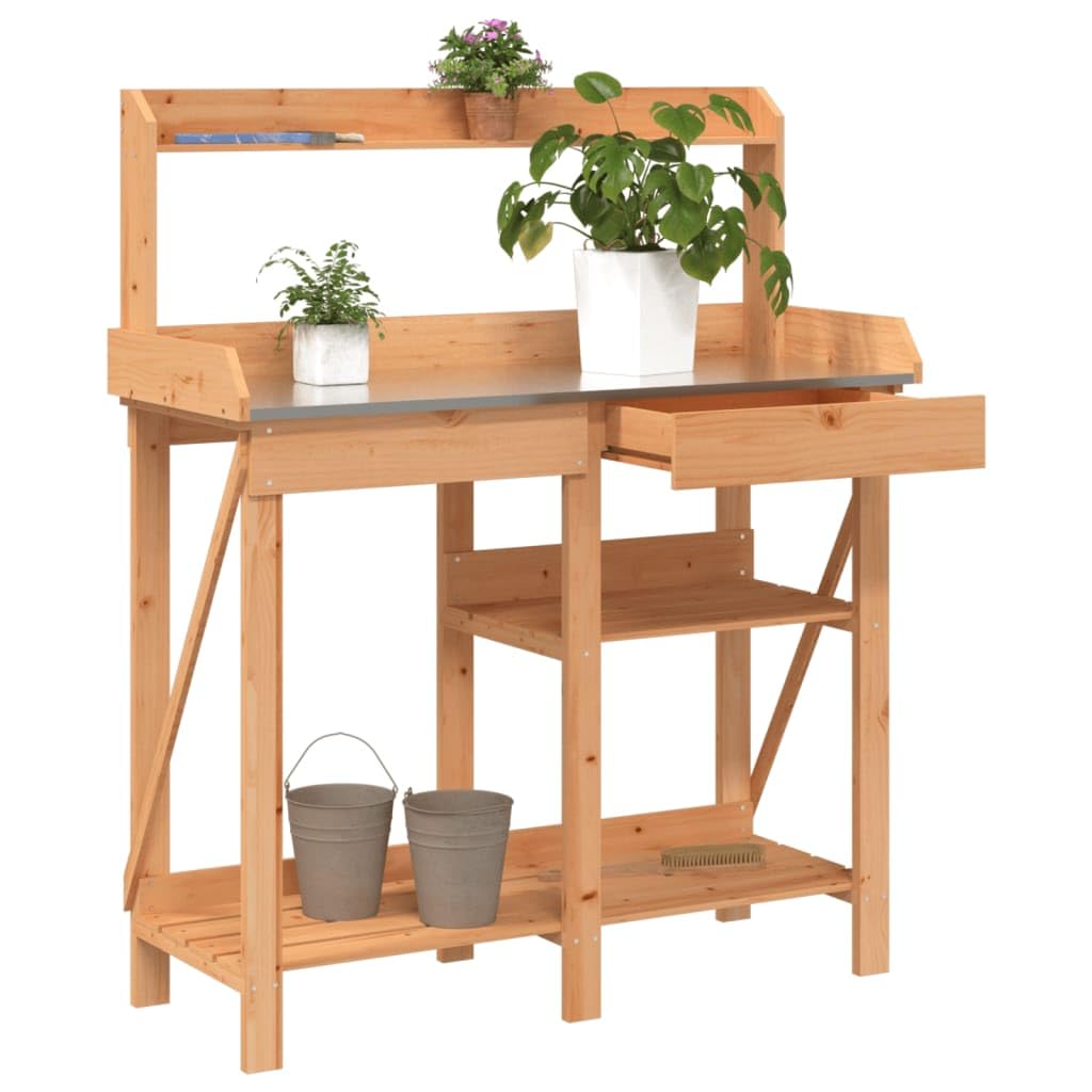 Rantry Mesa de jardín para plantas, mesa de jardín, mesa de jardinería, mesa para plantas de madera, mesa para plantas con estantes y cajones, mesa de trabajo de jardín, encimera galvanizada, color