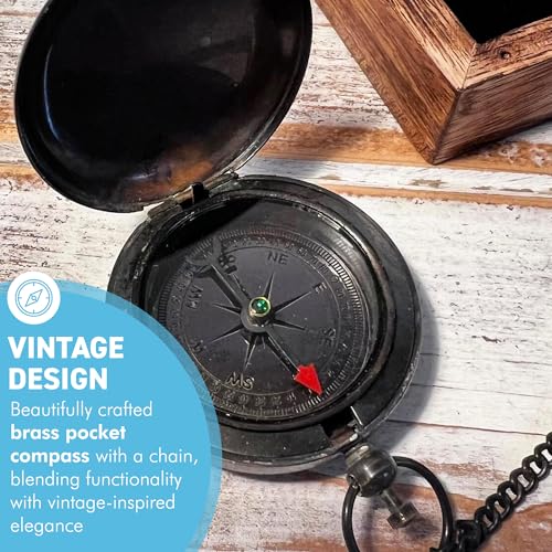Brújula de bolsillo vintage de latón con cadena en caja de presentación de madera miniatura 2