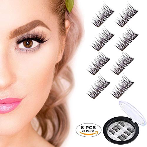 Magnetic False Eyelashes, Beatife 3D Black Dual Magnetic, Ultra Thick Ultra Solf and Long for Entire Eyes, Glamorous, Natural Look, Handmade Reusable Eyelashes (Black) 2 Pair/8Pcs