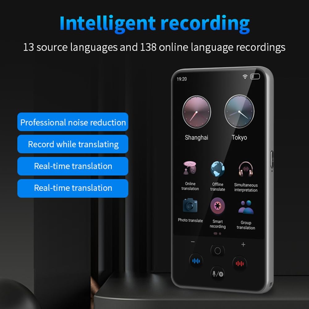 Bisofice S85 Pro device displaying the intelligent recording feature with options for professional noise reduction, record while translating, and real-time translation.