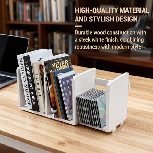 MyGift White Wood Desktop Bookshelf Organizer, Expandable Adjustable Display Shelf Book Rack - Image 6